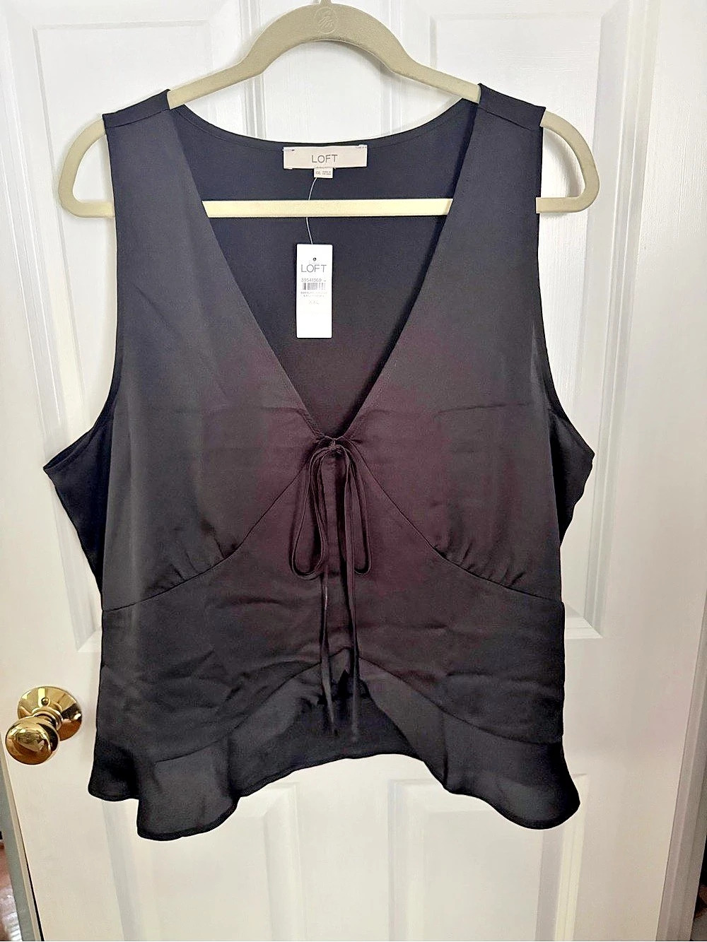 LOFT Satin Ruffle Tie Neck Cami Blouse Black XXL